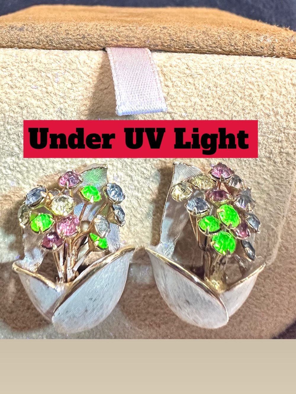 Vtg: Multicolored Glass (Uranium) Rhinestone Enameled Floral  Clip On Earrings